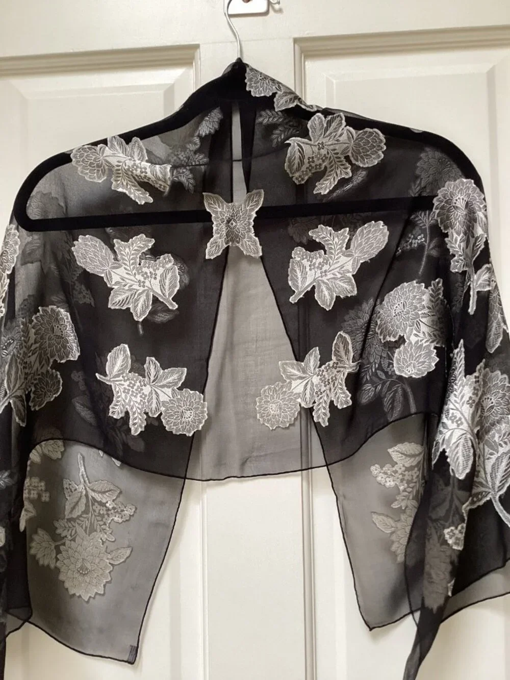 Black and silver flowered scarf, rayon and silk (46